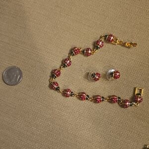 Beautiful Vintage Joan Rivers Gold And Red Ladybug Bracelet and Earring Set